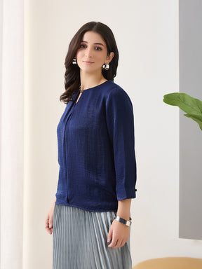 Latin Quarters Women Blue Solid 3/4th Sleeves Round Neck Casual Top