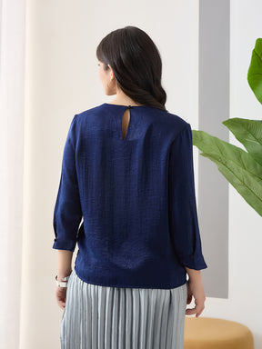 Latin Quarters Women Blue Solid 3/4th Sleeves Round Neck Casual Top