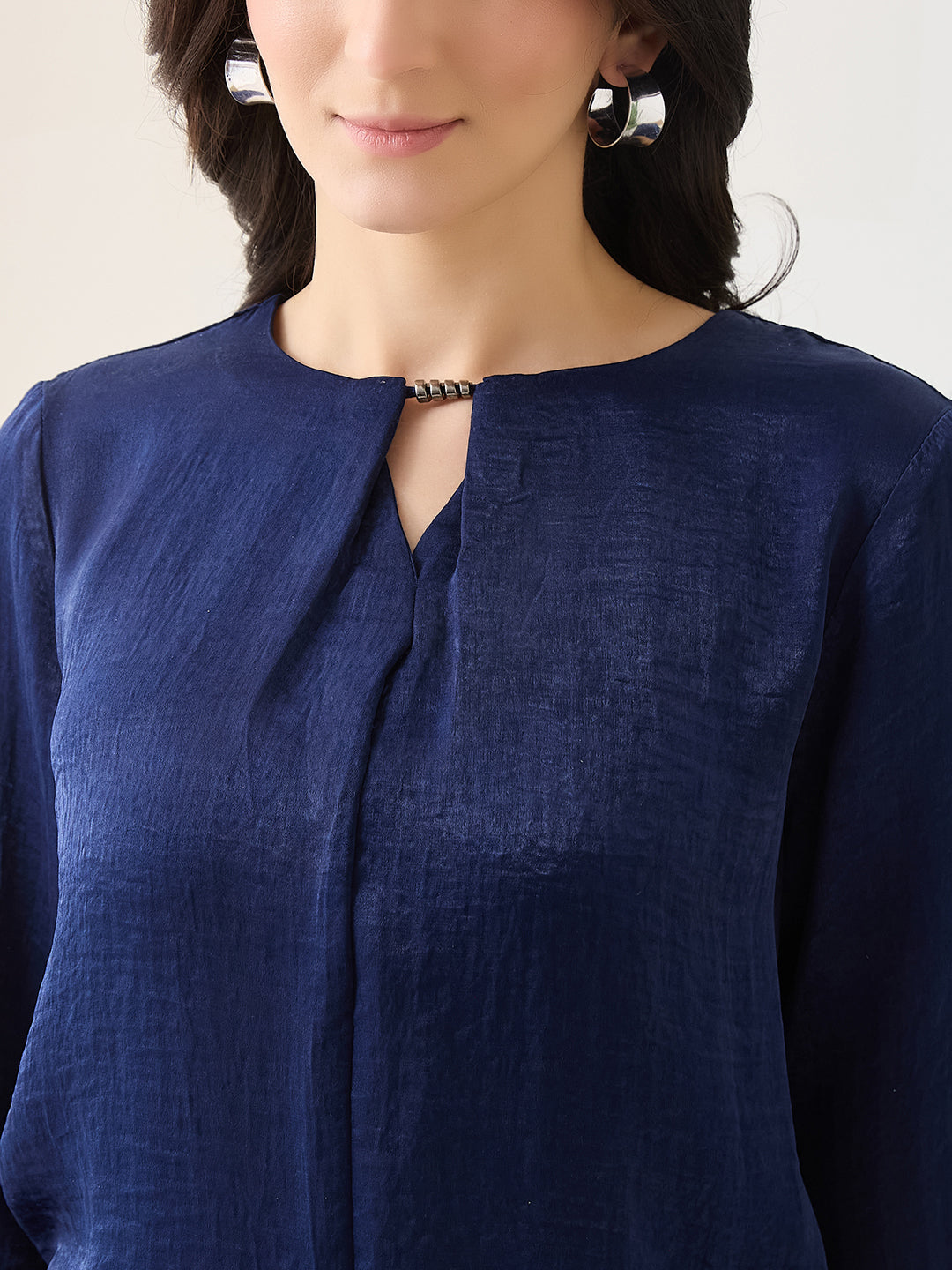 Latin Quarters Women Blue Solid 3/4th Sleeves Round Neck Casual Top