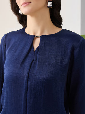 Latin Quarters Women Blue Solid 3/4th Sleeves Round Neck Casual Top