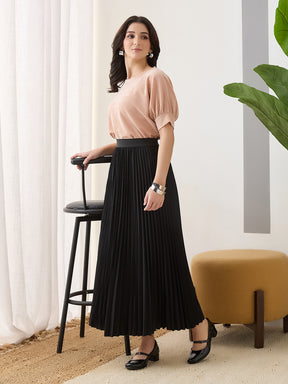 Latin Quarters Women Peach Solid Half Sleeves Round Neck Casual Top
