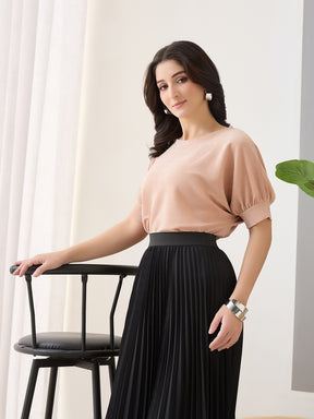 Latin Quarters Women Peach Solid Half Sleeves Round Neck Casual Top