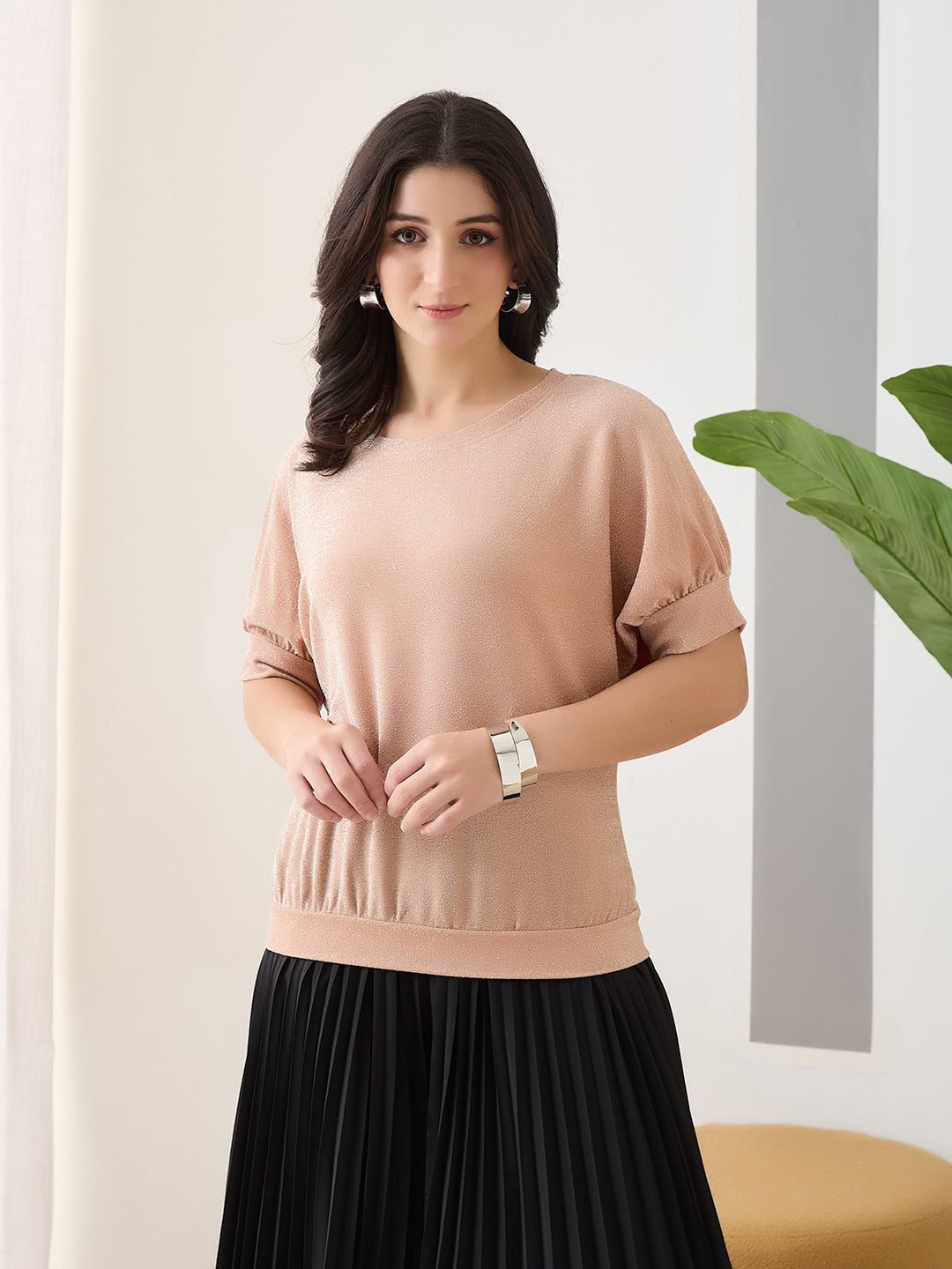 Latin Quarters Women Peach Solid Half Sleeves Round Neck Casual Top