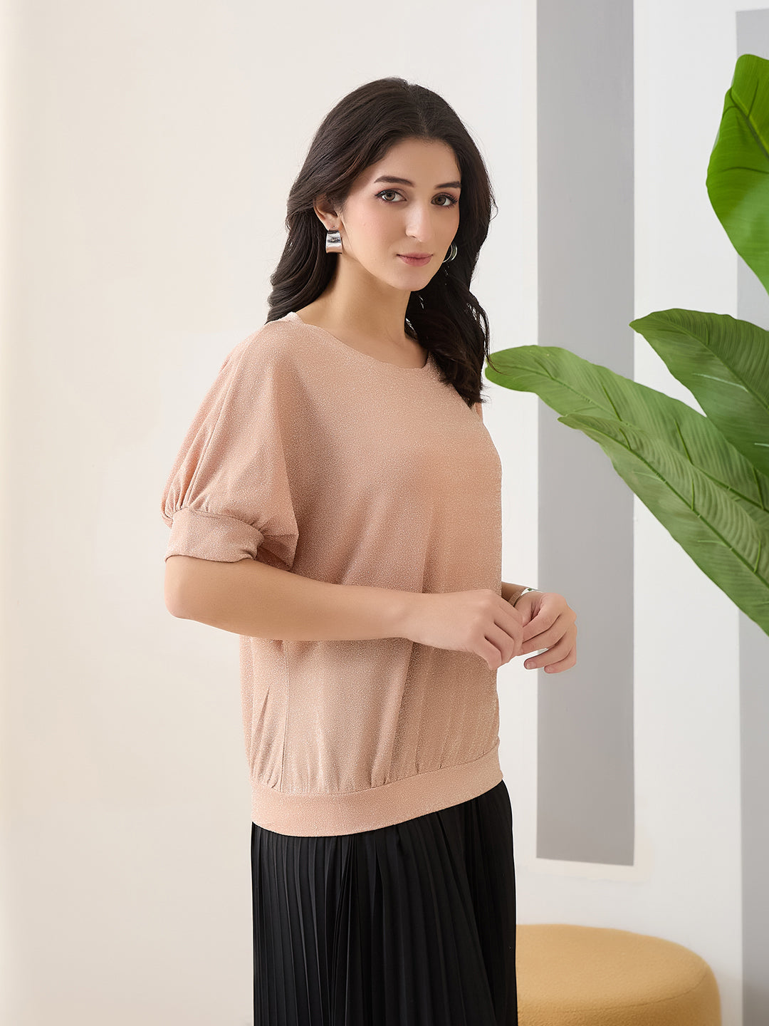Latin Quarters Women Peach Solid Half Sleeves Round Neck Casual Top