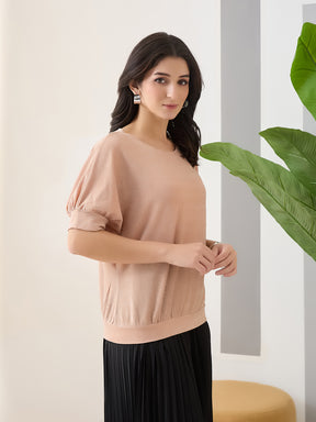 Latin Quarters Women Peach Solid Half Sleeves Round Neck Casual Top
