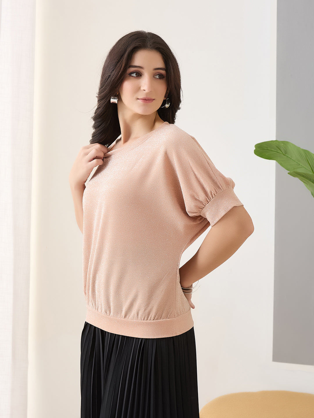 Latin Quarters Women Peach Solid Half Sleeves Round Neck Casual Top