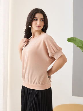 Latin Quarters Women Peach Solid Half Sleeves Round Neck Casual Top