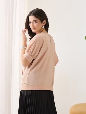 Latin Quarters Women Peach Solid Half Sleeves Round Neck Casual Top