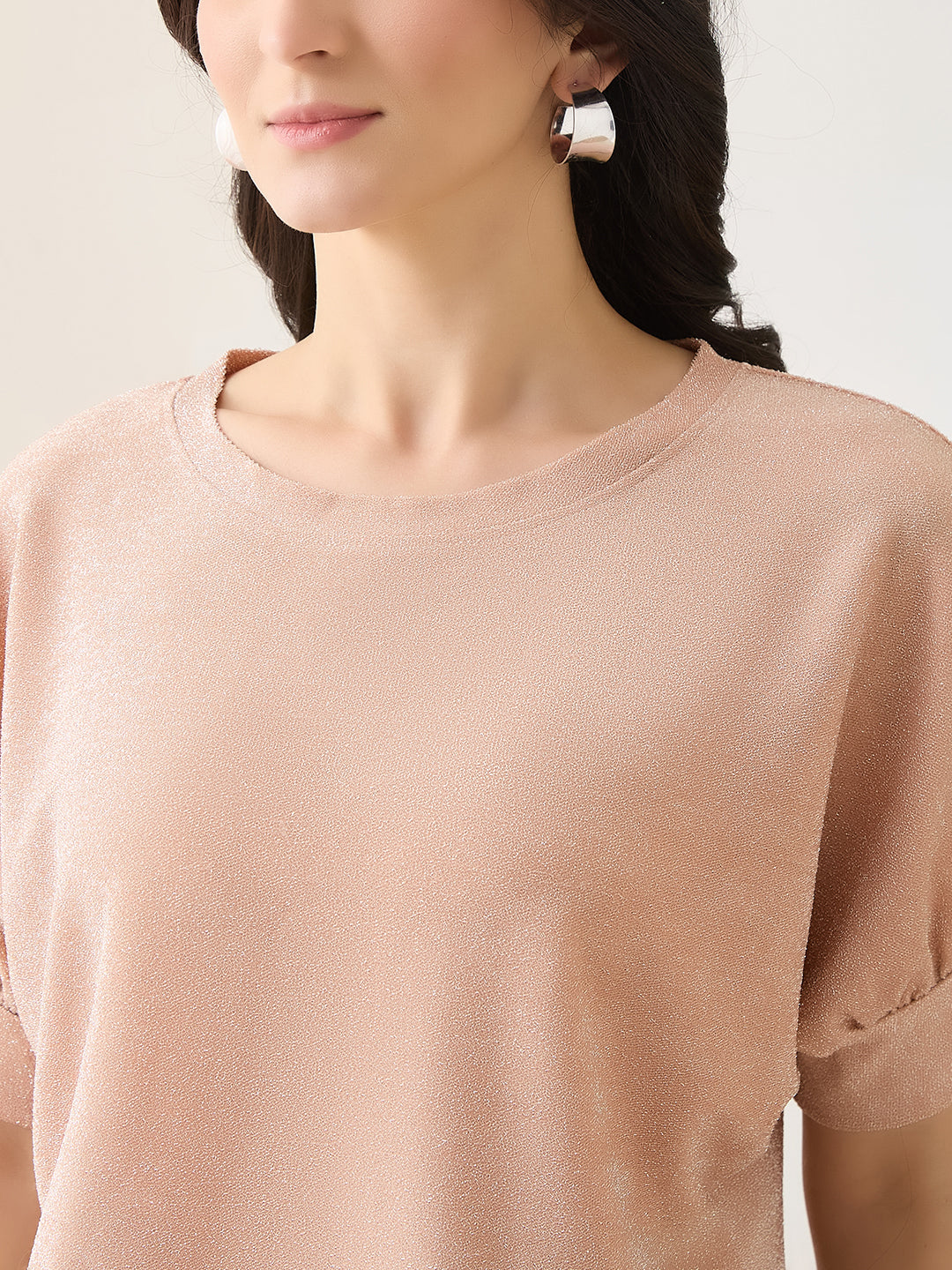 Latin Quarters Women Peach Solid Half Sleeves Round Neck Casual Top