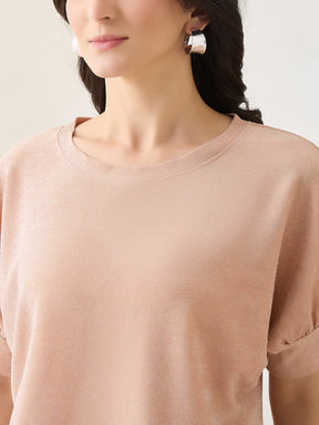 Latin Quarters Women Peach Solid Half Sleeves Round Neck Casual Top