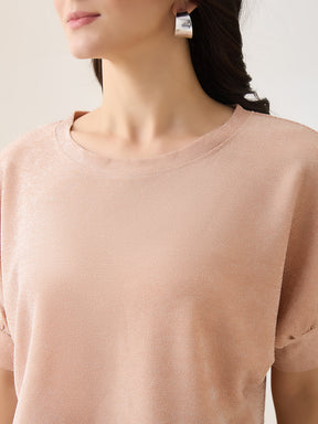 Latin Quarters Women Peach Solid Half Sleeves Round Neck Casual Top