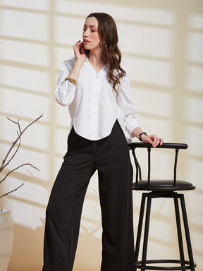 Latin Quarters Women's White Solid Spread Collar 3/4Th Sleeve Casual Shirt
