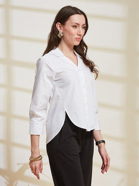 Latin Quarters Women's White Solid Spread Collar 3/4Th Sleeve Casual Shirt