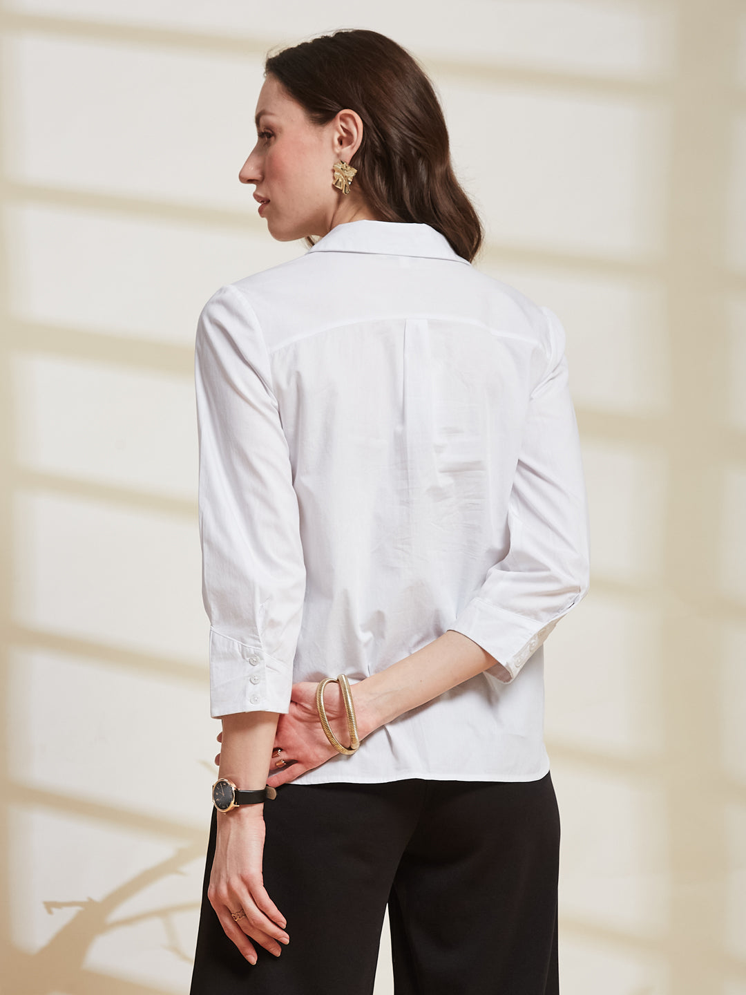 Latin Quarters Women's White Solid Spread Collar 3/4Th Sleeve Casual Shirt