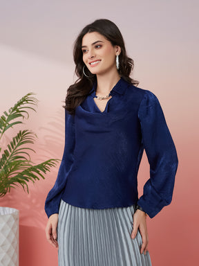 Latin Quarters Women's Blue Solid Cowl Neck Full Sleeves Casual Top