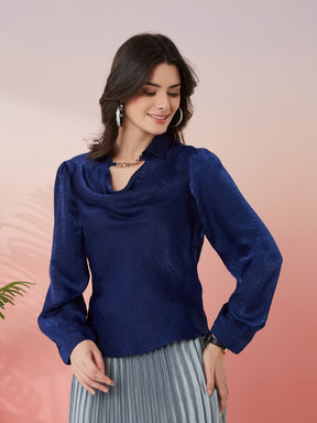 Latin Quarters Women's Blue Solid Cowl Neck Full Sleeves Casual Top