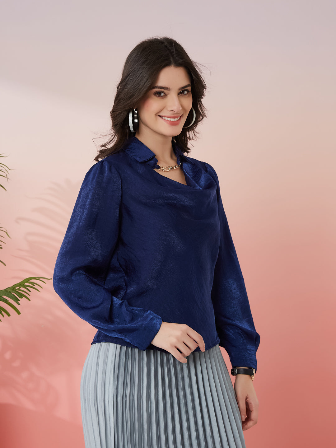 Latin Quarters Women's Blue Solid Cowl Neck Full Sleeves Casual Top