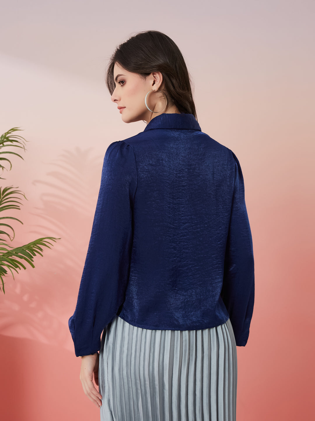 Latin Quarters Women's Blue Solid Cowl Neck Full Sleeves Casual Top