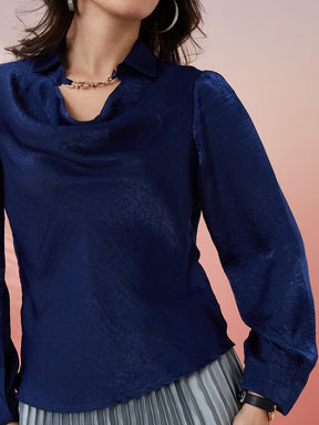 Latin Quarters Women's Blue Solid Cowl Neck Full Sleeves Casual Top