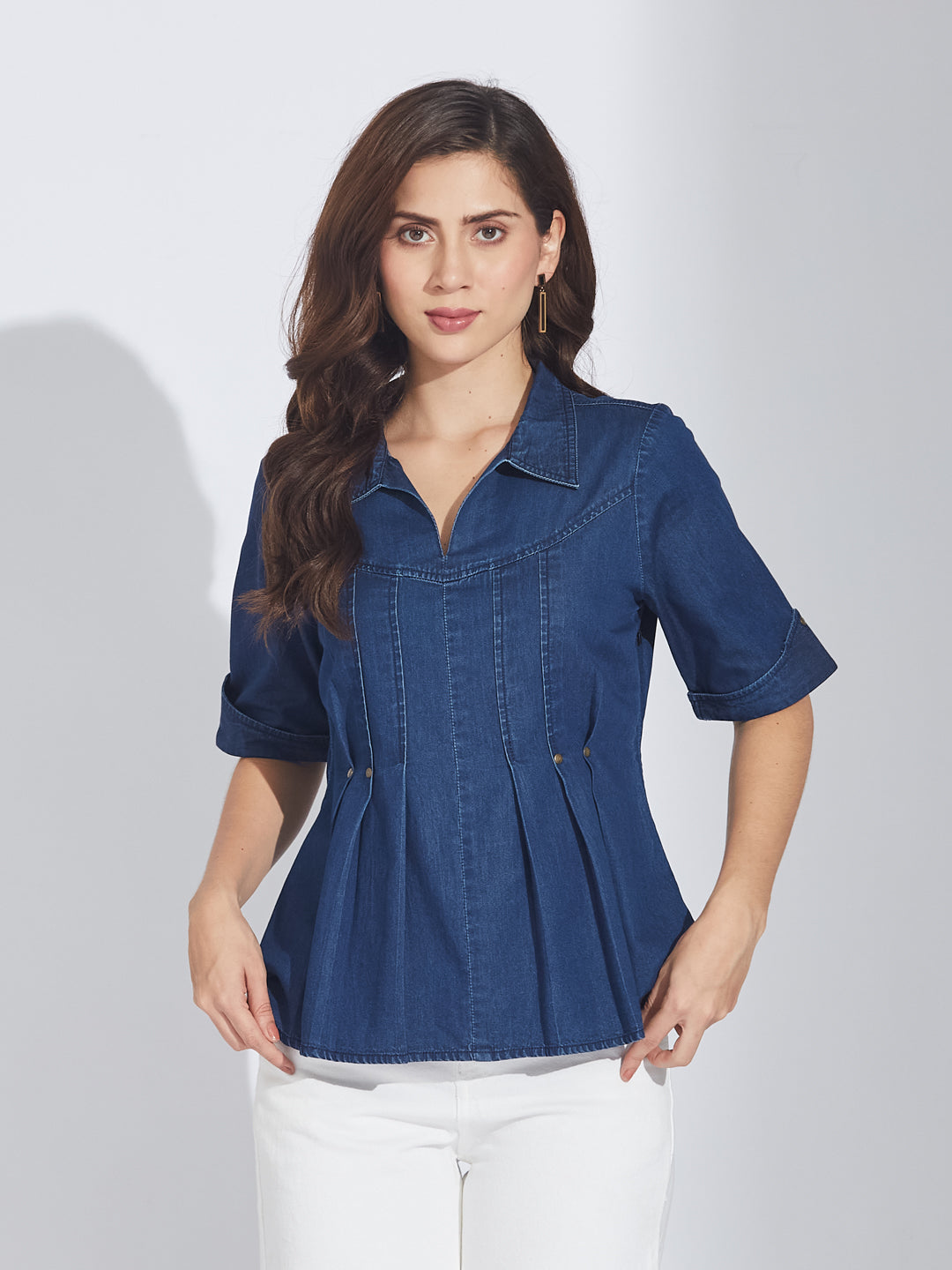 Latin Quarters Women Blue Solid Half Sleeves Casual Top