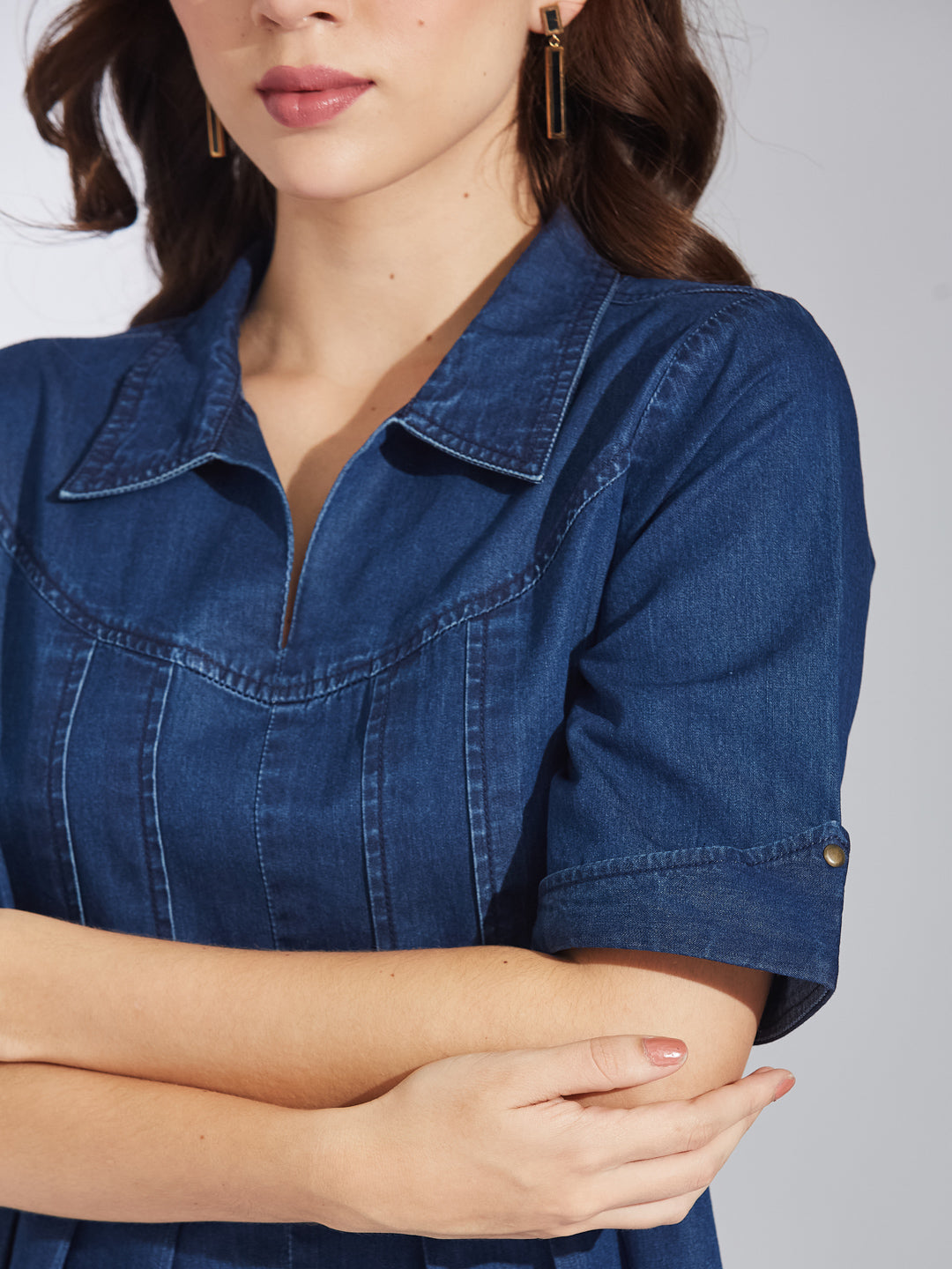 Latin Quarters Women Blue Solid Half Sleeves Casual Top