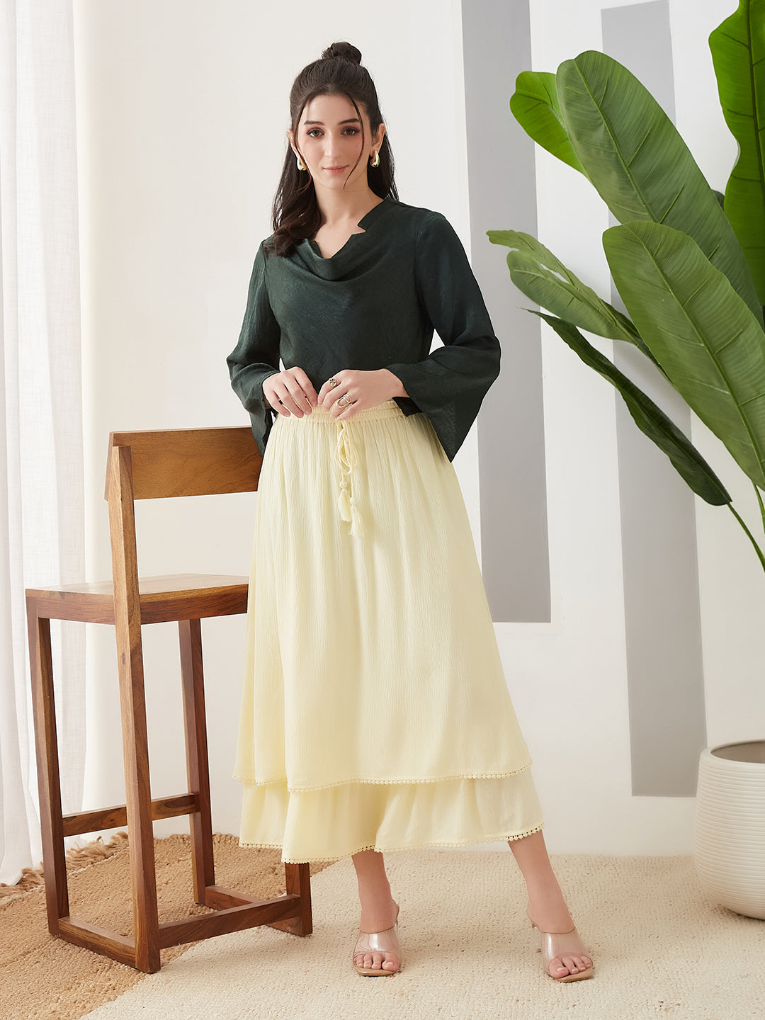 Latin Quarters Women Green Solid Full Sleeves Casual Top