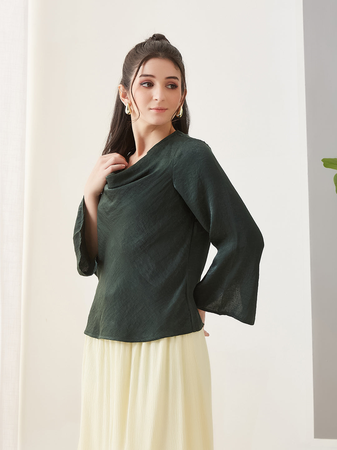 Latin Quarters Women Green Solid Full Sleeves Casual Top