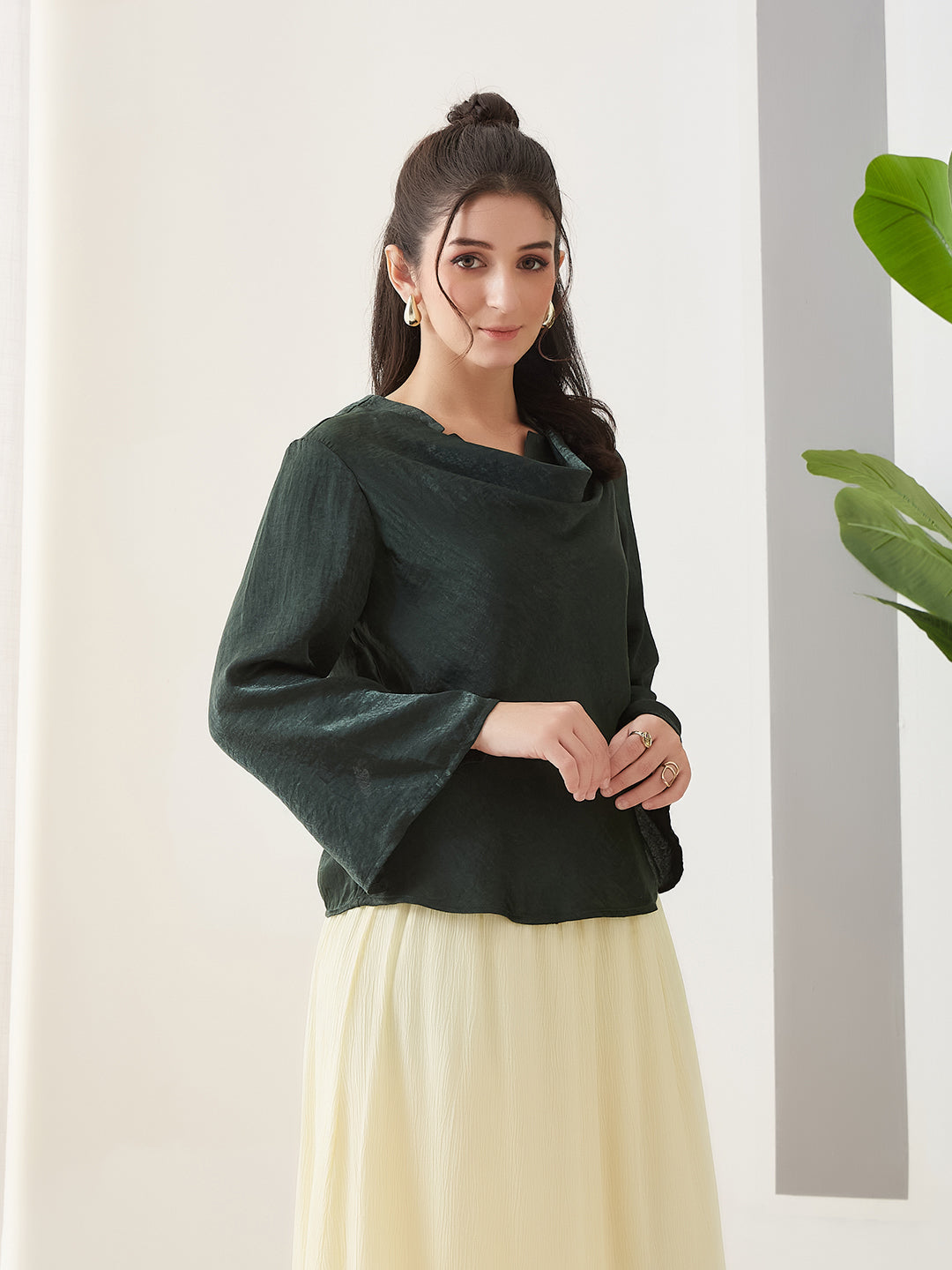 Latin Quarters Women Green Solid Full Sleeves Casual Top