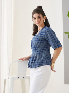 Latin Quarters Women Blue Checks Half Sleeves Casual Top