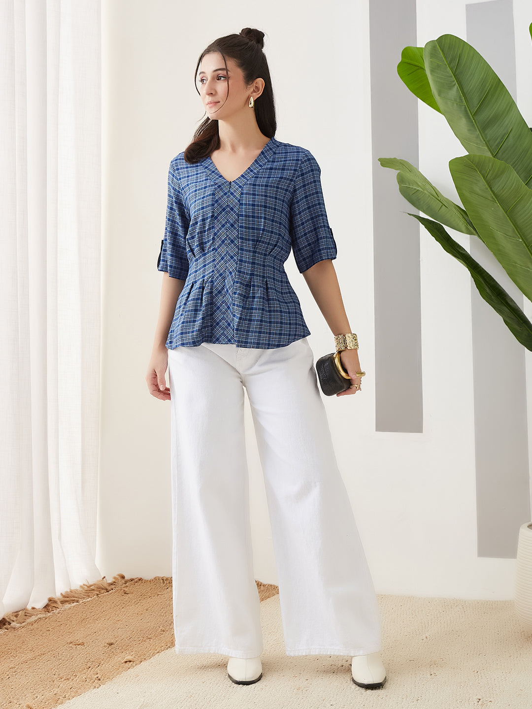 Latin Quarters Women Blue Checks Half Sleeves Casual Top