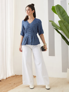 Latin Quarters Women Blue Checks Half Sleeves Casual Top