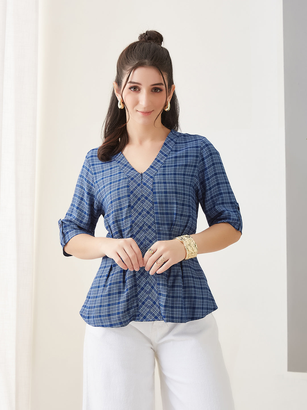 Latin Quarters Women Blue Checks Half Sleeves Casual Top