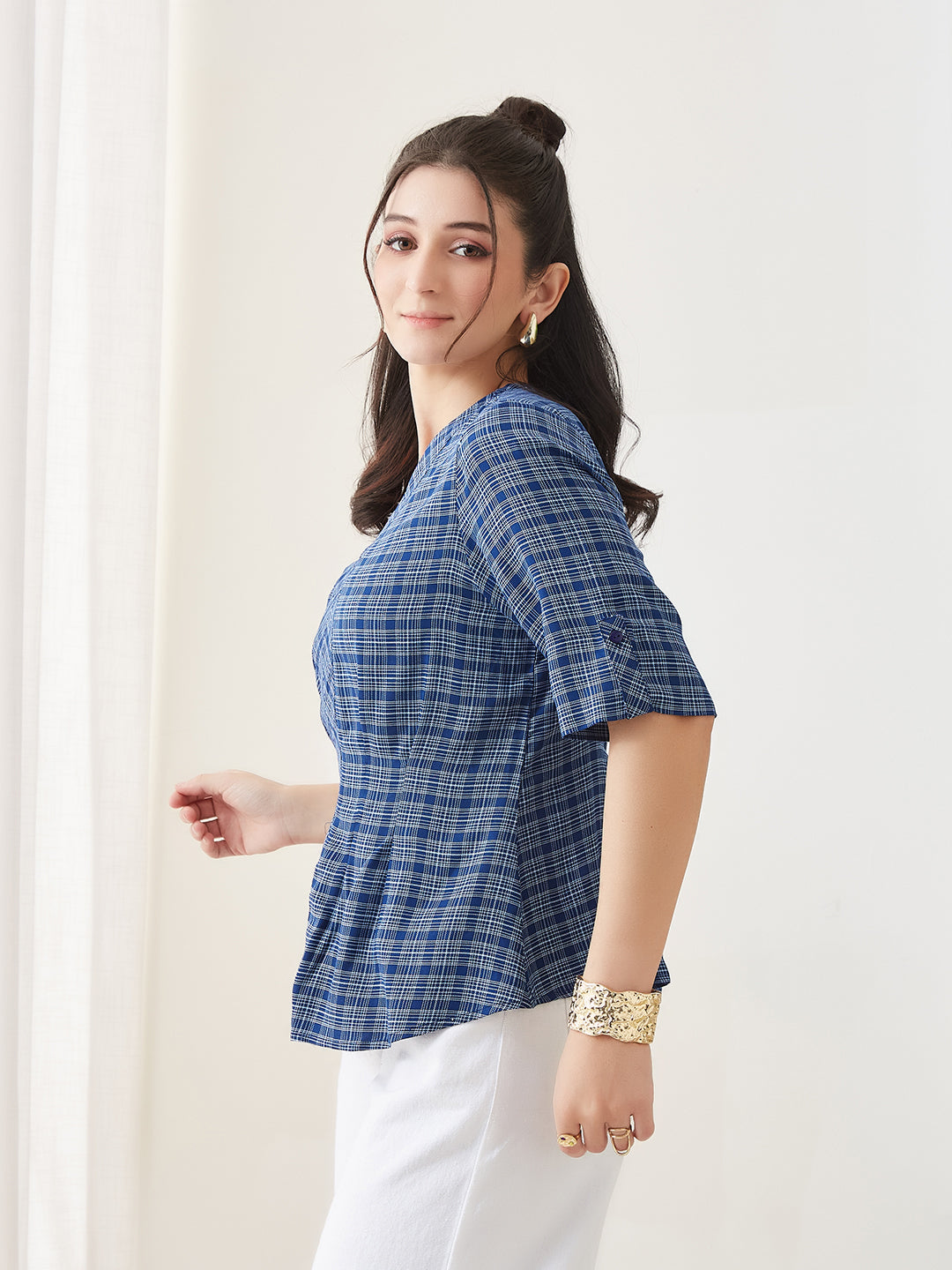 Latin Quarters Women Blue Checks Half Sleeves Casual Top