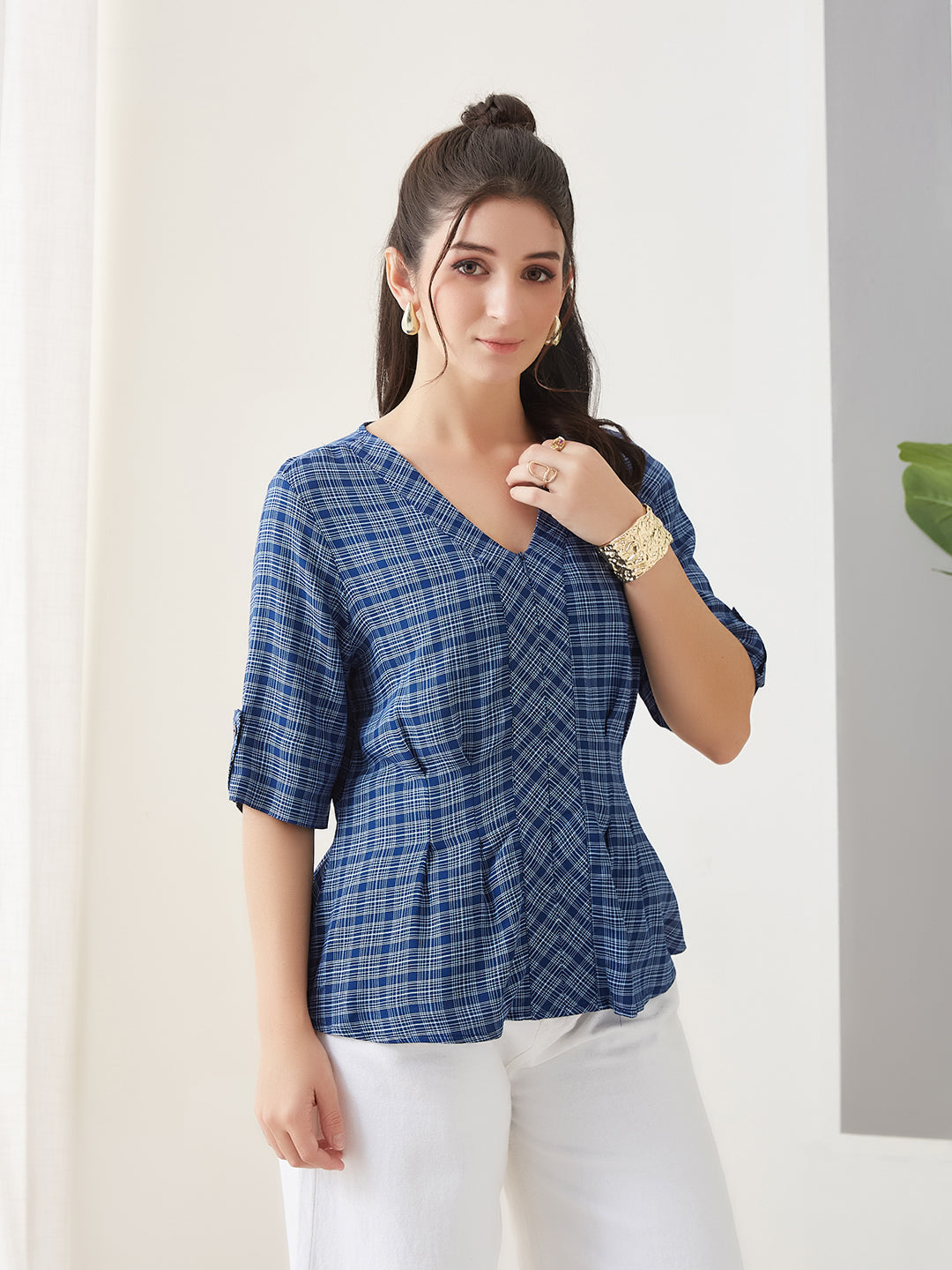 Latin Quarters Women Blue Checks Half Sleeves Casual Top