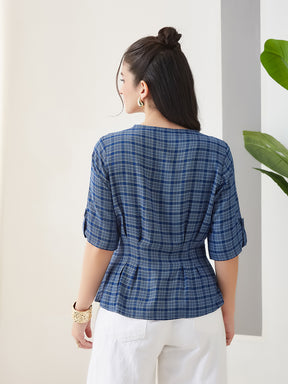 Latin Quarters Women Blue Checks Half Sleeves Casual Top