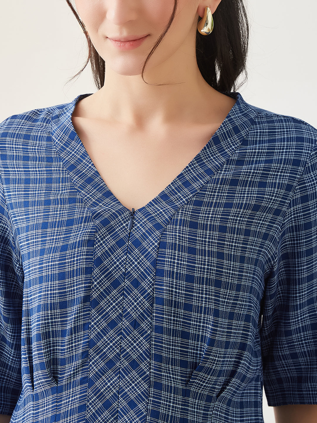 Latin Quarters Women Blue Checks Half Sleeves Casual Top
