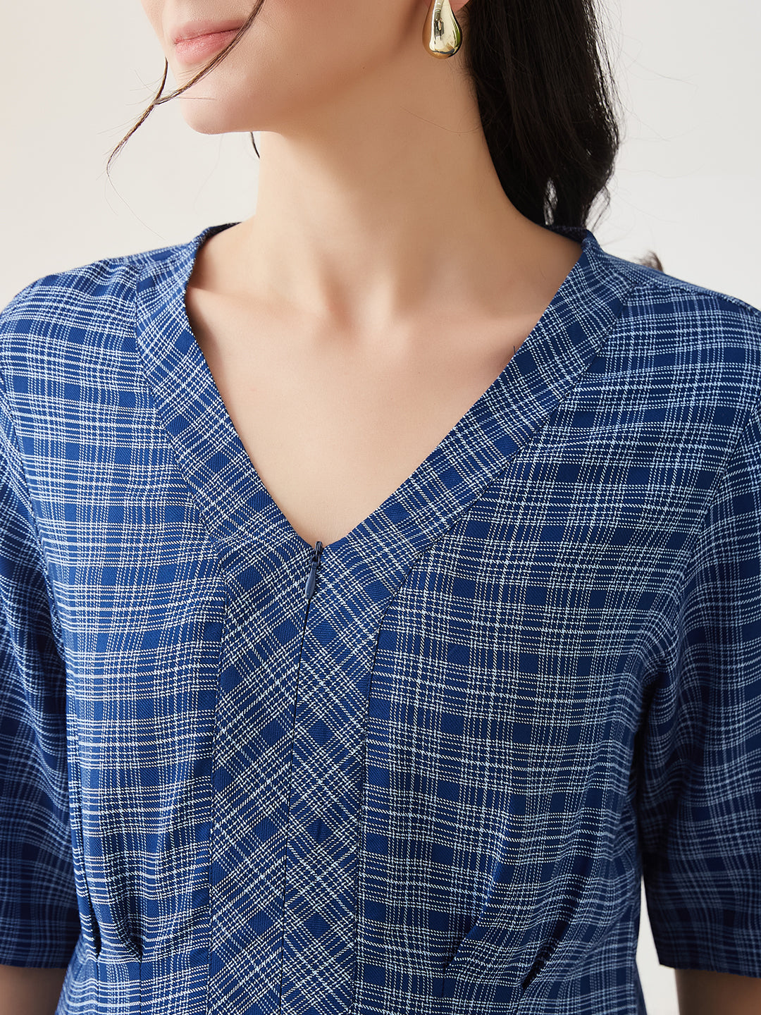 Latin Quarters Women Blue Checks Half Sleeves Casual Top