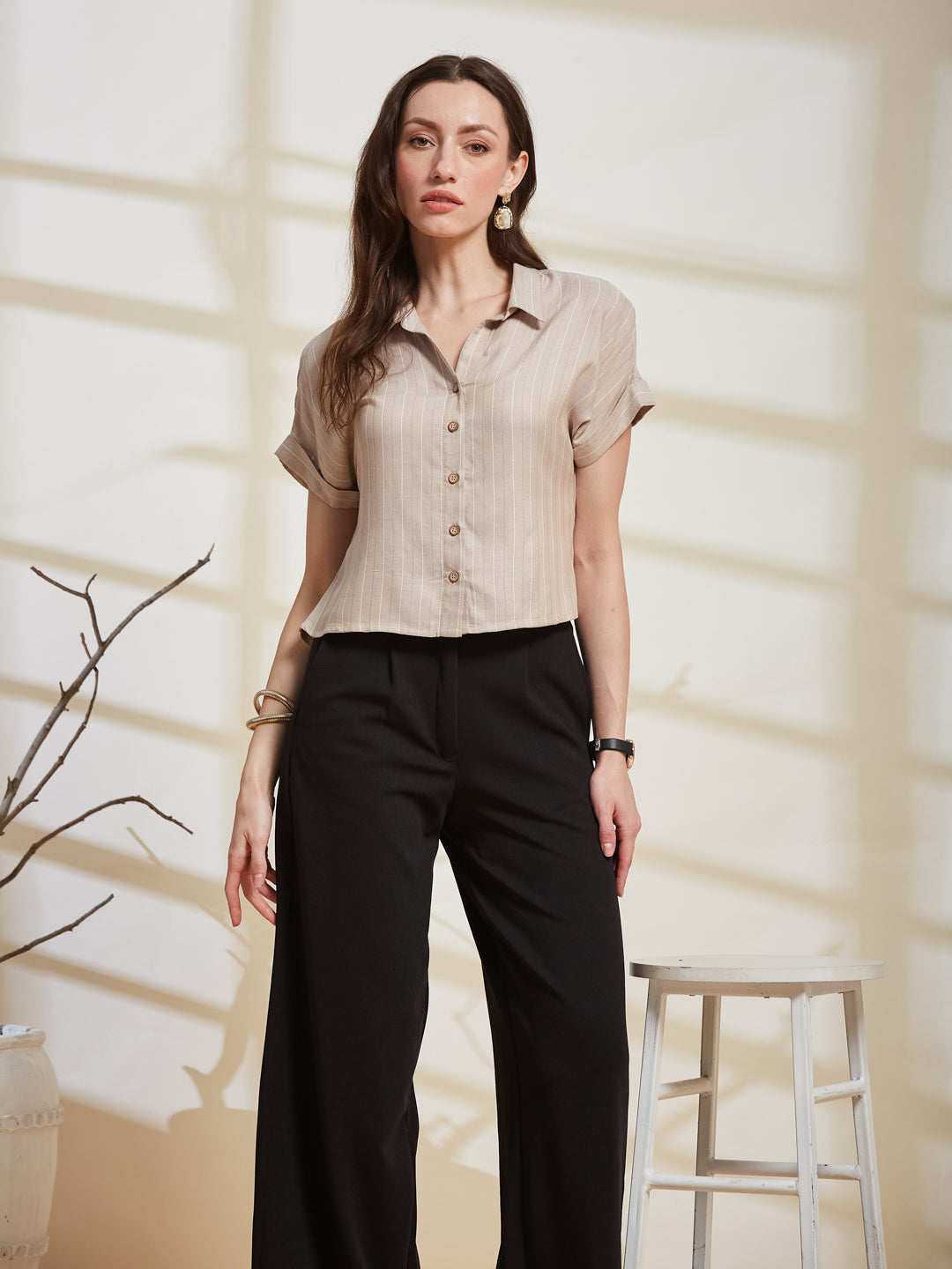 Latin Quarters Women's Beige Striped Collared Cap Sleeve Casual Shirt