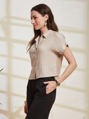 Latin Quarters Women's Beige Striped Collared Cap Sleeve Casual Shirt