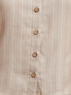 Latin Quarters Women's Beige Striped Collared Cap Sleeve Casual Shirt