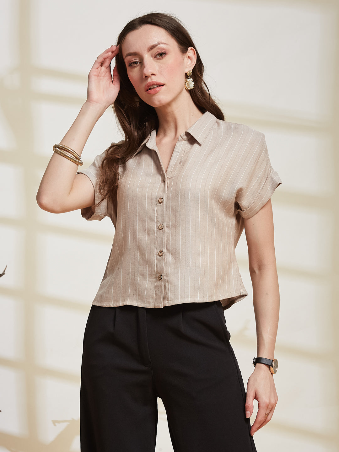 Latin Quarters Women's Beige Striped Collared Cap Sleeve Casual Shirt