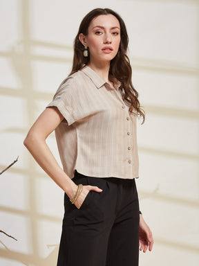 Latin Quarters Women's Beige Striped Collared Cap Sleeve Casual Shirt