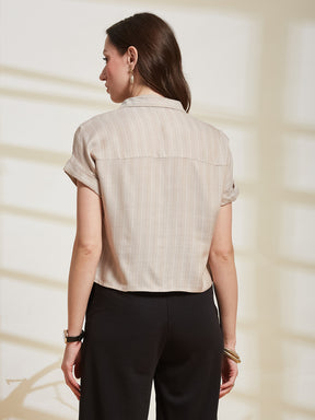 Latin Quarters Women's Beige Striped Collared Cap Sleeve Casual Shirt