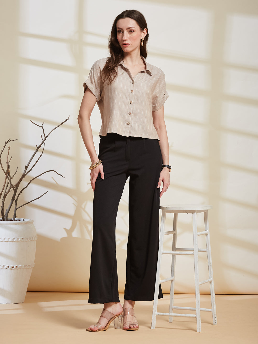 Latin Quarters Women's Beige Striped Collared Cap Sleeve Casual Shirt