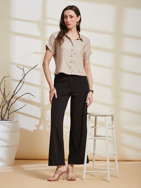 Latin Quarters Women's Beige Striped Collared Cap Sleeve Casual Shirt