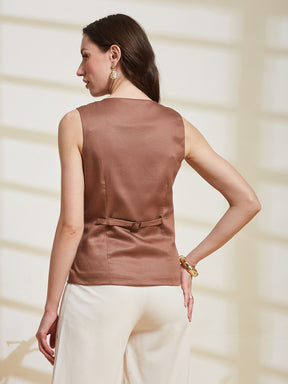 Latin Quarters Women's Brown Solid Round Neck Sleeveless Casual Waiscoat