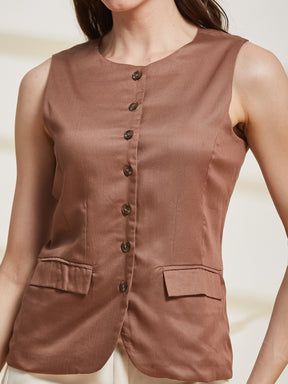 Latin Quarters Women's Brown Solid Round Neck Sleeveless Casual Waiscoat