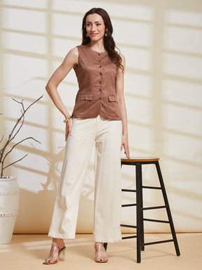 Latin Quarters Women's Brown Solid Round Neck Sleeveless Casual Waiscoat