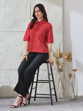 Latin Quarters Women's Red Solid Half Sleeves Collared Casual Shirt