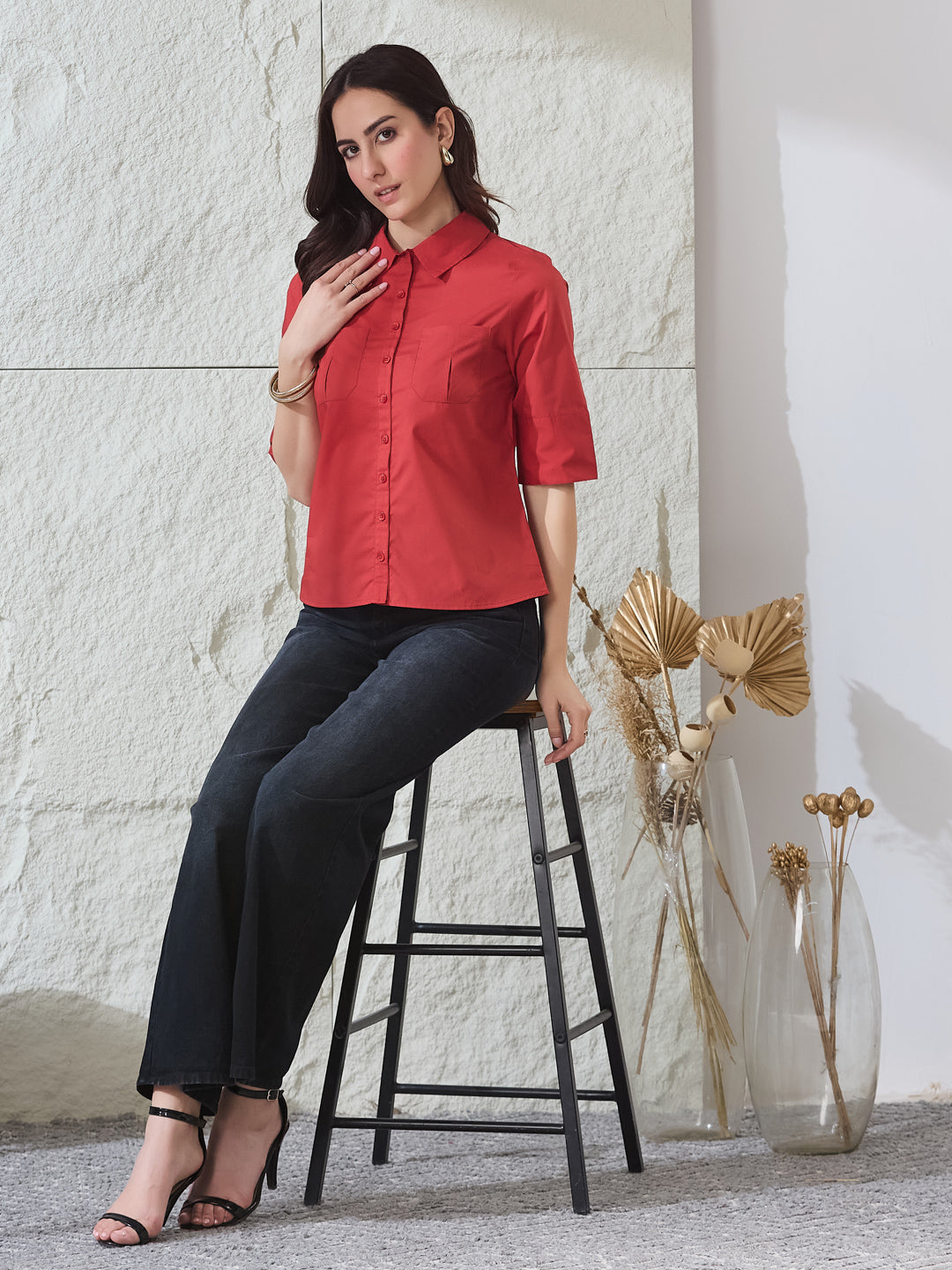 Latin Quarters Women's Red Solid Half Sleeves Collared Casual Shirt